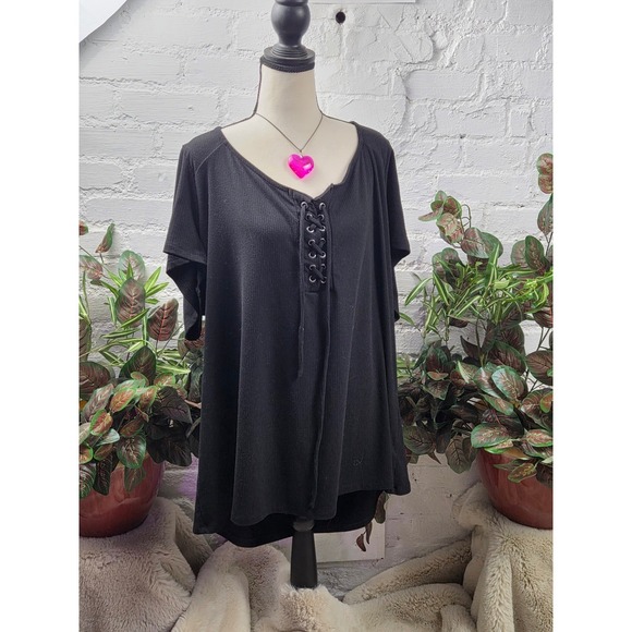 torrid Tops - Torrid Super Soft Ribbed Black Lace Up Neck Short Sleeve Top Plus Size 6‎